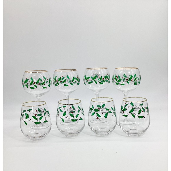 Lenox Other - Lenox Christmas Wine Glasses, Set of 8: Gold Rim Holly Barware  (TBL)